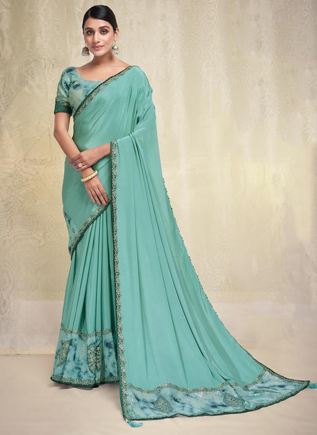 Crepe Silk Georgette Aqua Blue Wedding Wear Embroidery Work Saree